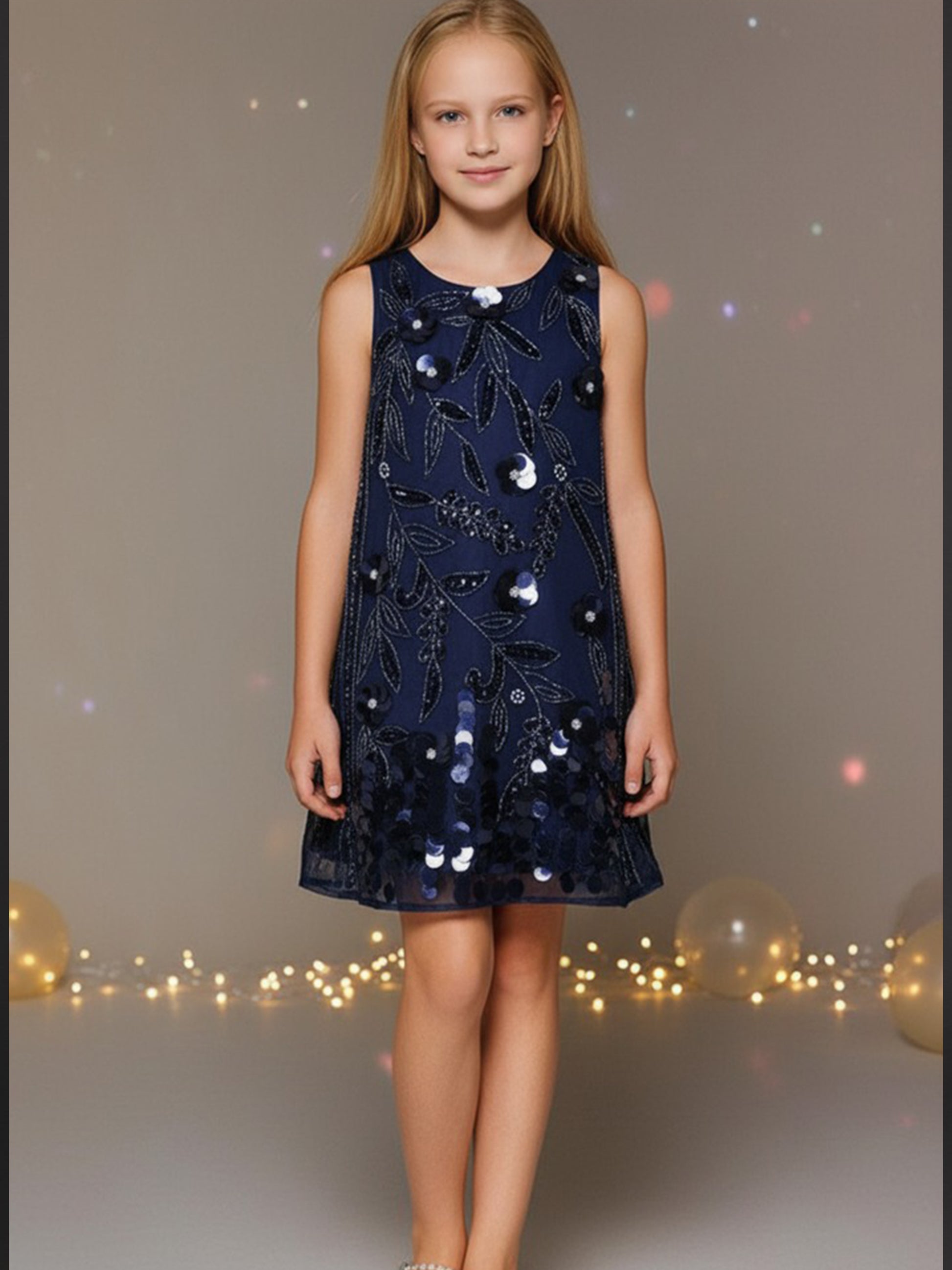 Cherry Crumble navy blue sleeveless sequin appliqué dress for girls