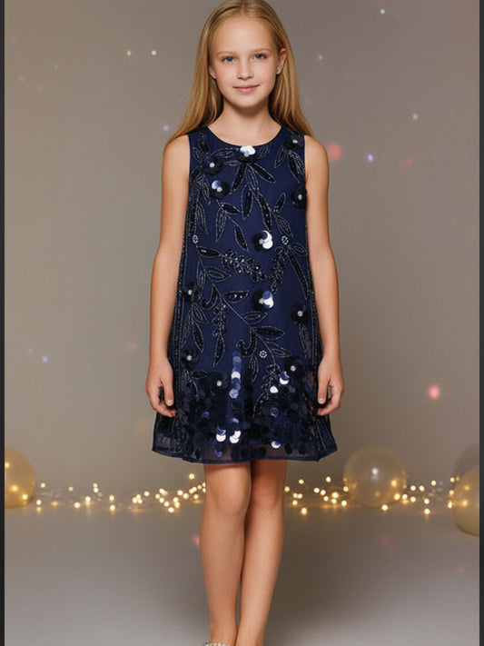 Cherry Crumble navy blue sleeveless sequin appliqué dress for girls