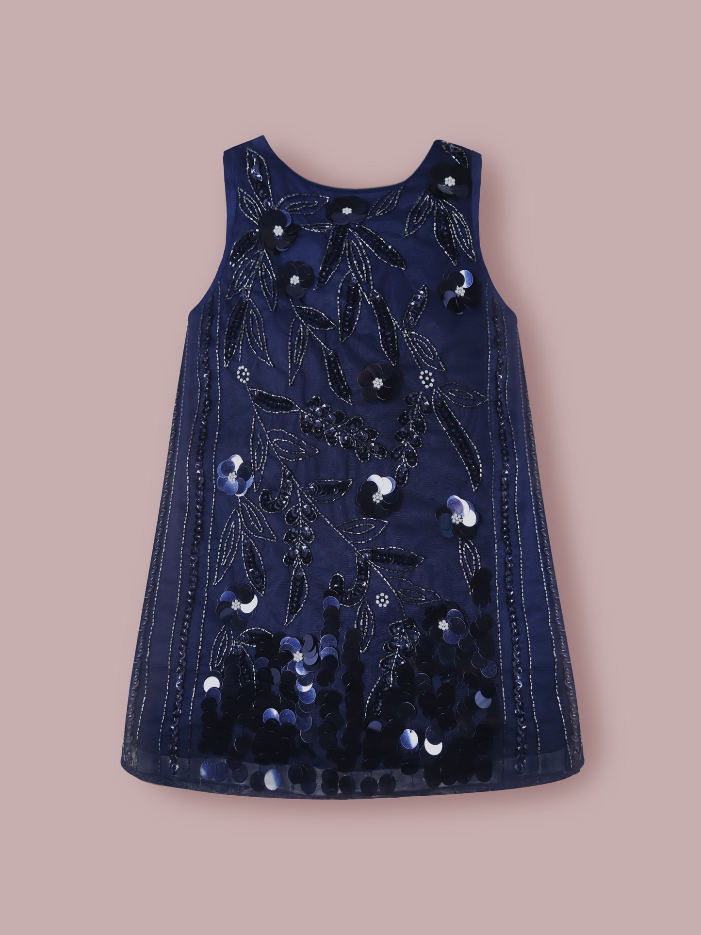 Girls Navy Blue Sequin Appliqué Dress – Sleeveless Party Wear