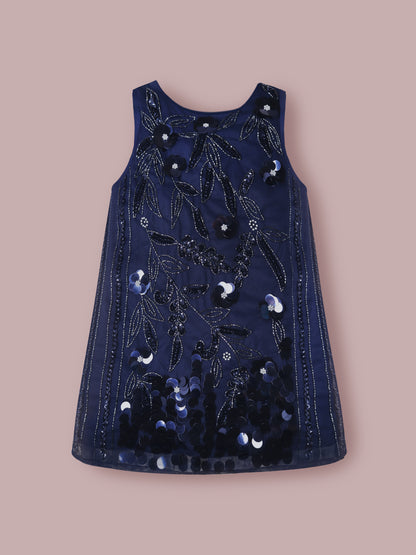 Girls Navy Blue Sequin Appliqué Dress – Sleeveless Party Wear