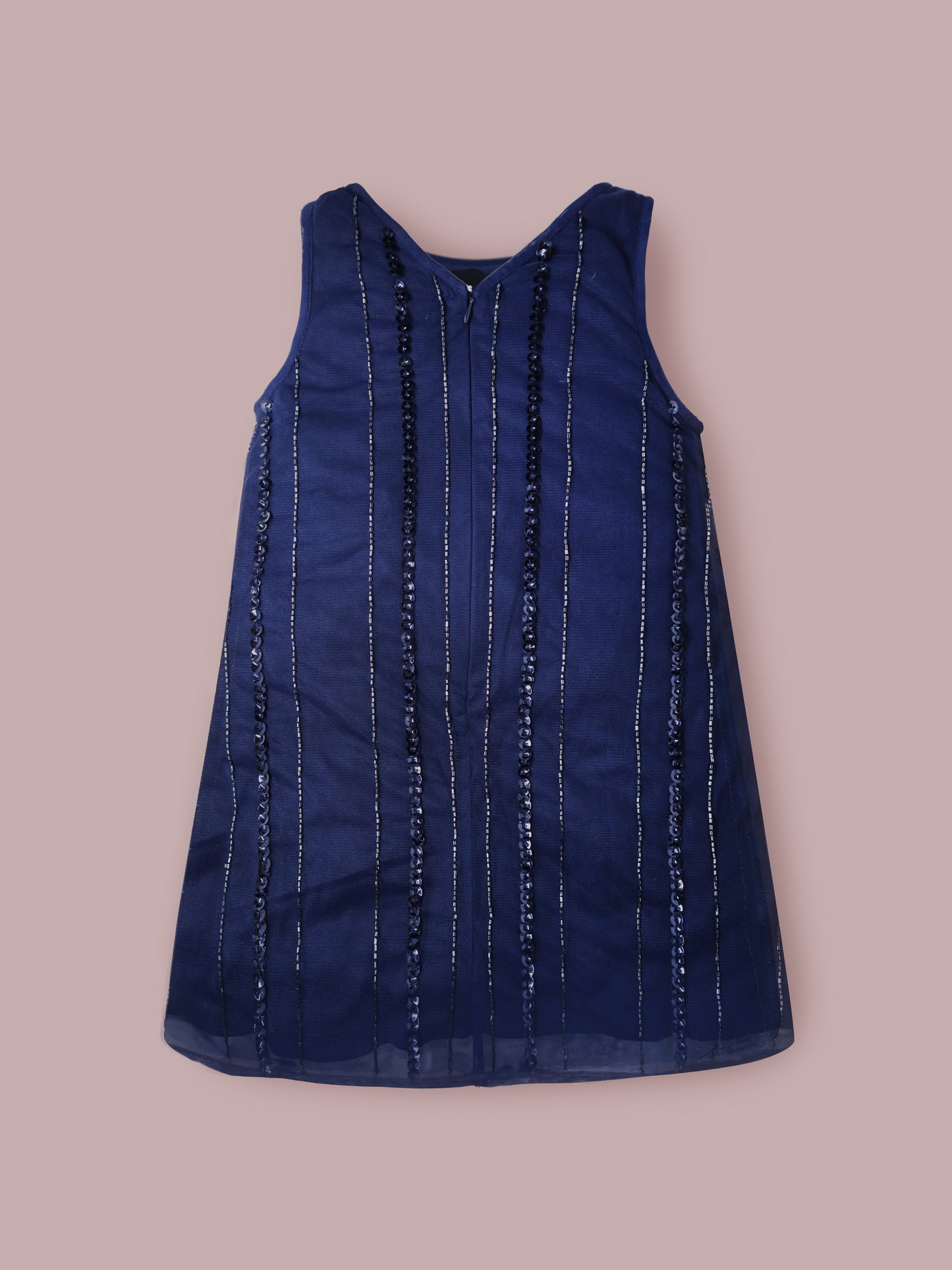 Girls Navy Blue Sequin Appliqué Dress – Sleeveless Party Wear