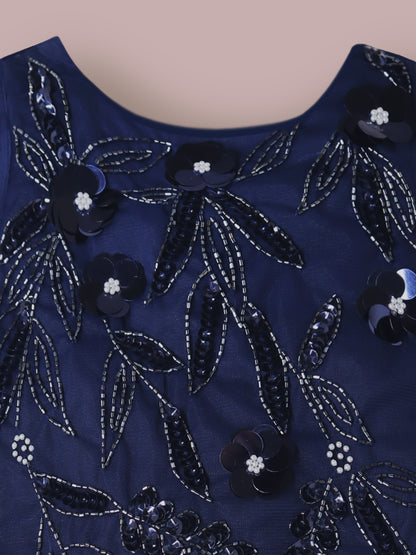 Girls Navy Blue Sequin Appliqué Dress – Sleeveless Party Wear