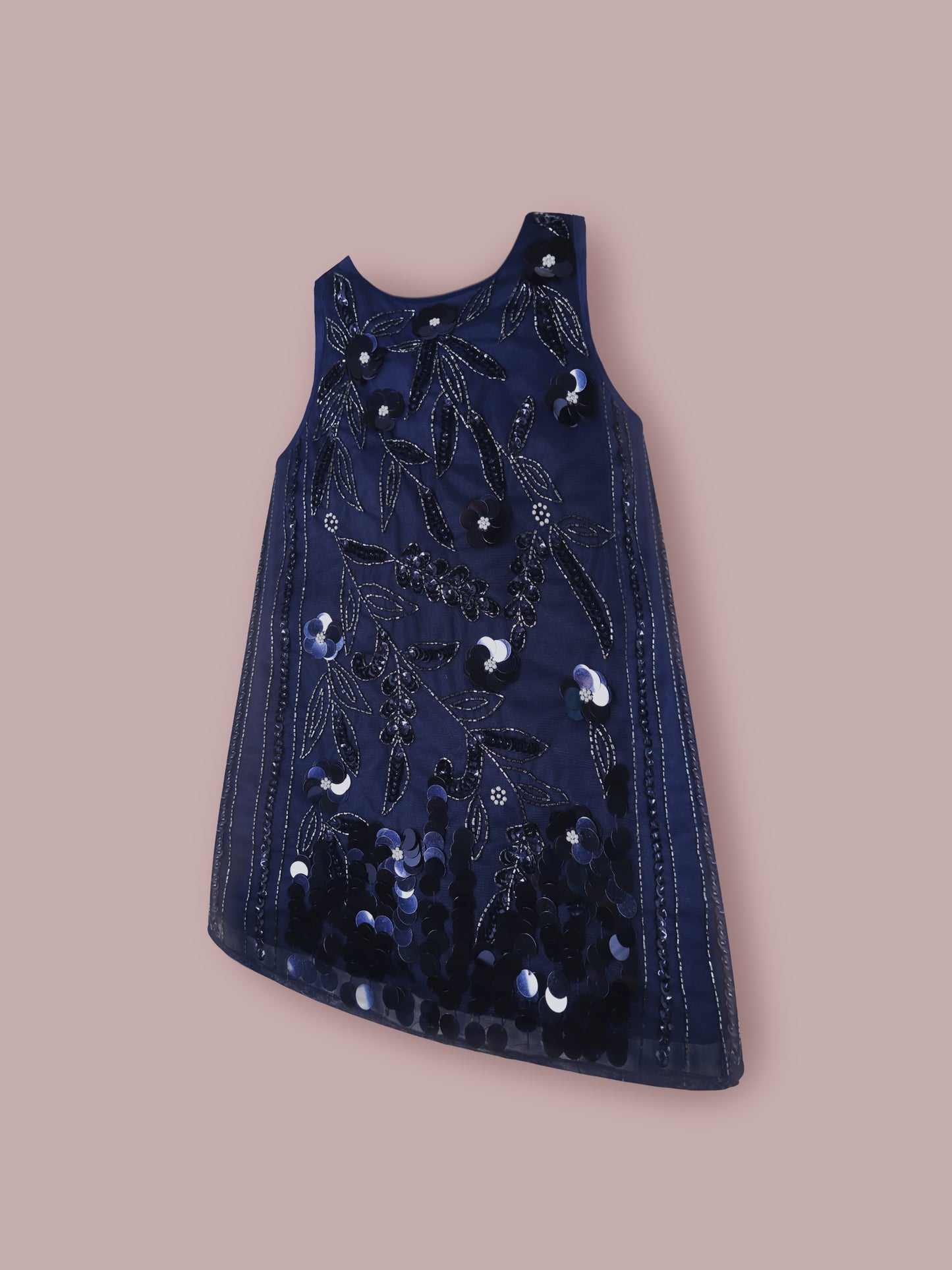 Girls Navy Blue Sequin Appliqué Dress – Sleeveless Party Wear