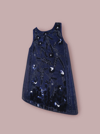 Girls Navy Blue Sequin Appliqué Dress – Sleeveless Party Wear