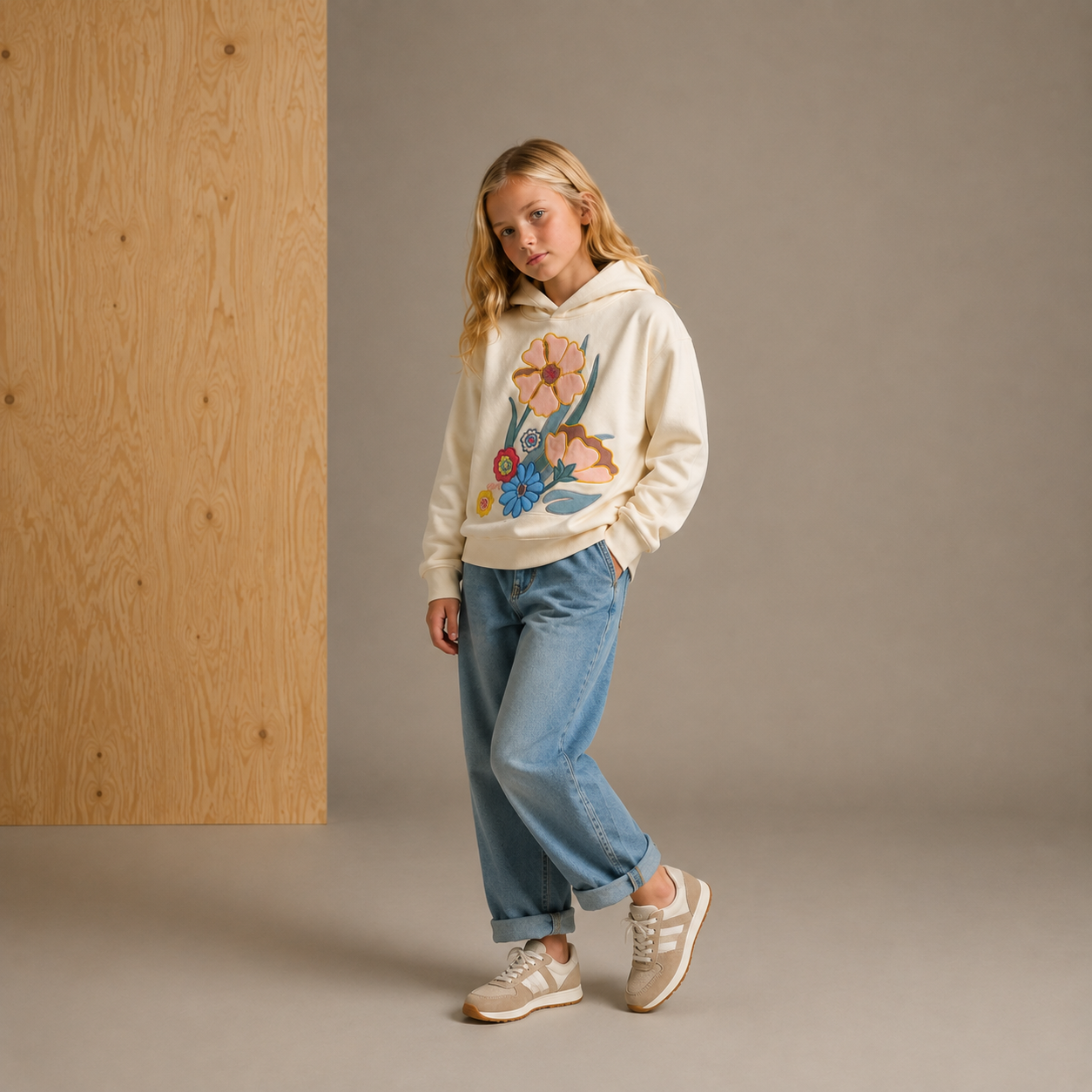 Cream Floral Embroidered Girls Hoodie