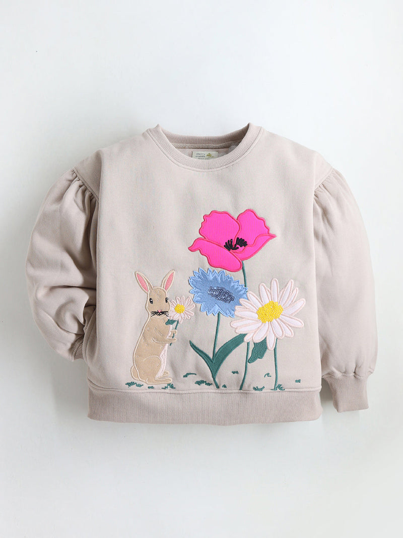 Cream Solid Applique Charming Classic Winter Sweatshirt