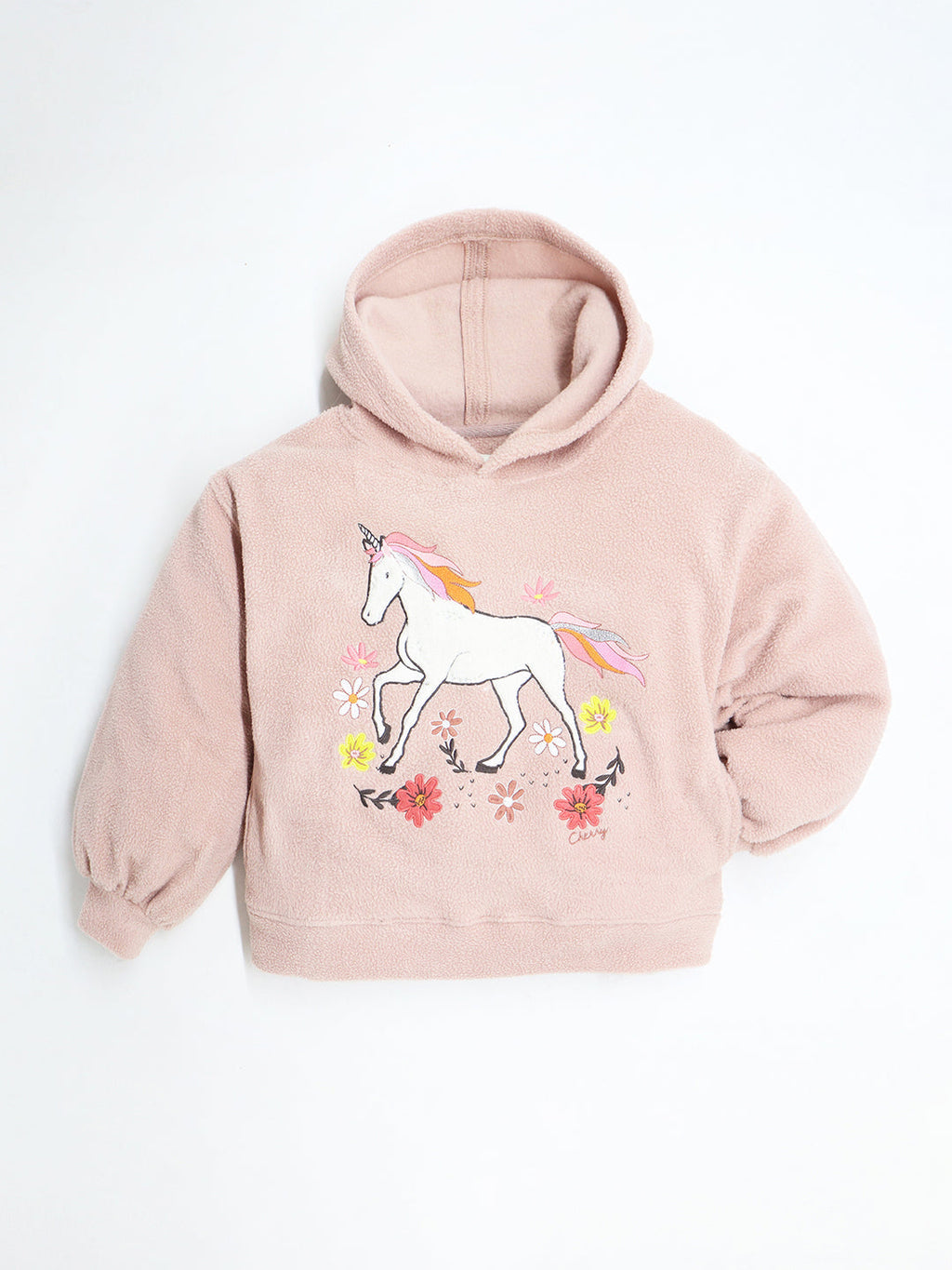 Cherry Crumble Salmon Solid Full Sleeves Hooded Loose Fit Applique Sweatshirt