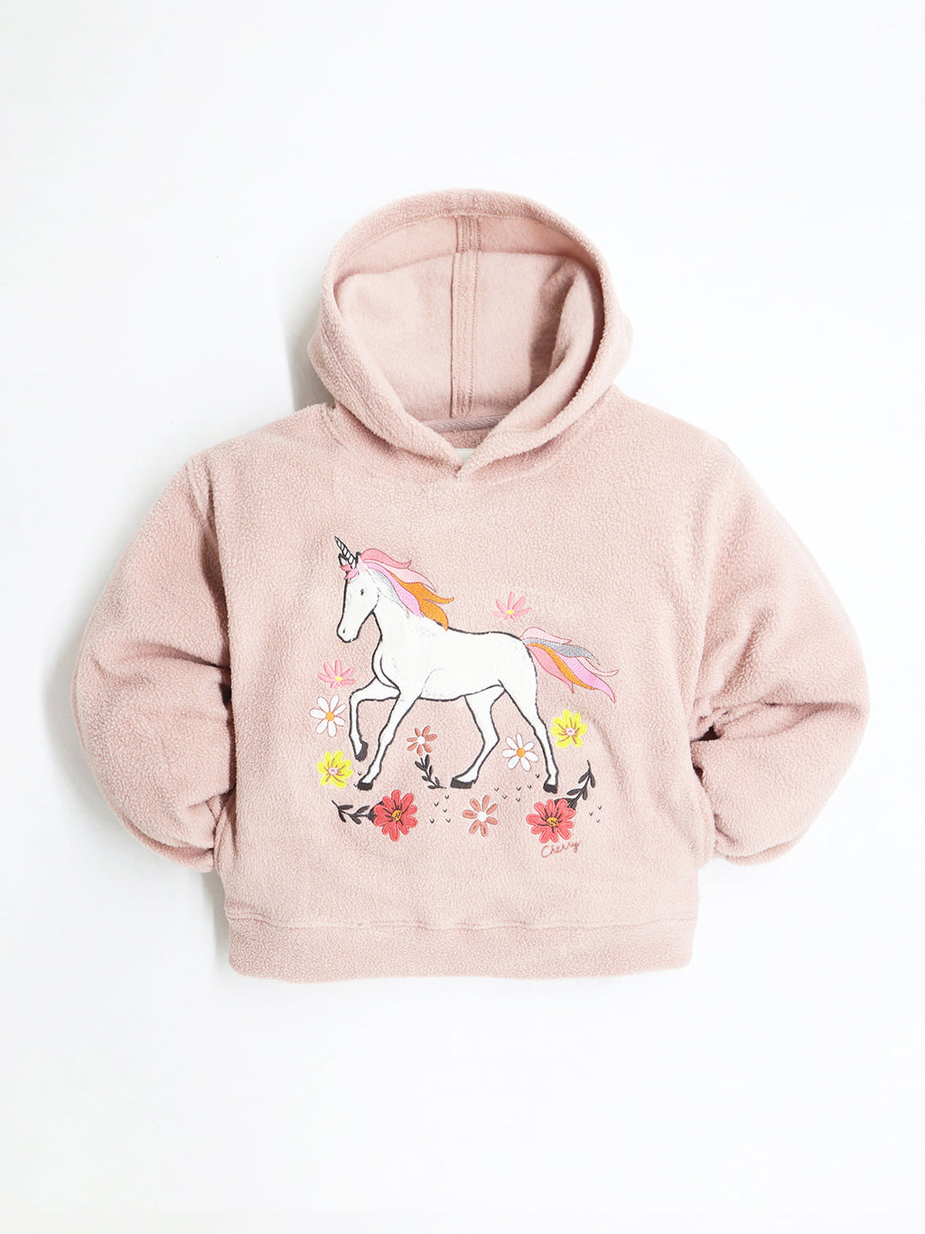 Cherry Crumble Salmon Solid Full Sleeves Hooded Loose Fit Applique Sweatshirt