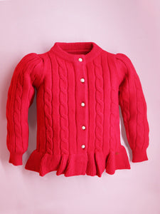 Cherry Crumble Fuchsia Cabel Knit Polyester Blend Full Sleeves Round Neck Casual Wear Fit & Flare Winter Peplum Sweater For Girls