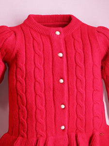 Cherry Crumble Fuchsia Cabel Knit Polyester Blend Full Sleeves Round Neck Casual Wear Fit & Flare Winter Peplum Sweater For Girls