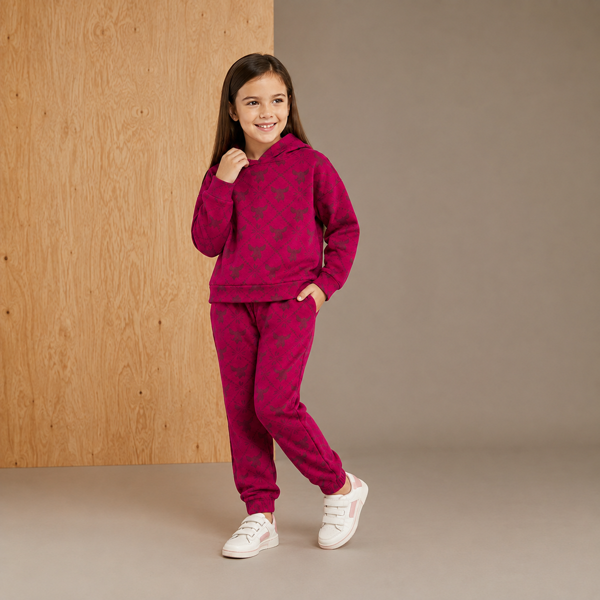 Fuchsia Snug Elegant Jacquard Printed Sweatshirt Set