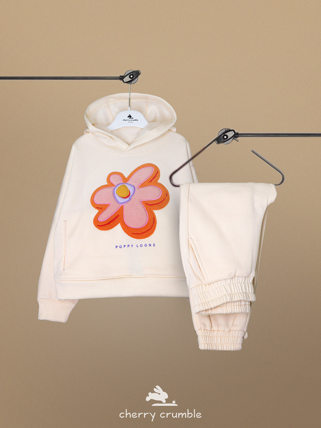 Cherry Crumble Girls Cream Regular Length Day Wear Applique With Embroidery Solid Sweatshirt Set