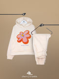 Cherry Crumble Girls Cream Regular Length Day Wear Applique With Embroidery Solid Sweatshirt Set