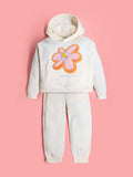 Cherry Crumble Girls Cream Regular Length Day Wear Applique With Embroidery Solid Sweatshirt Set