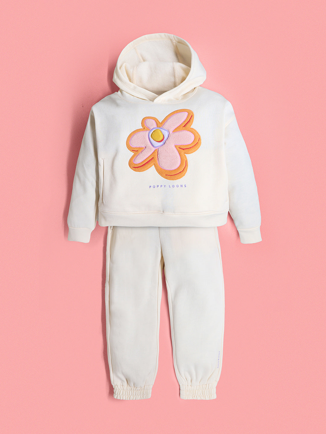 Cherry Crumble Cream Solid Applique Embroidered Sweet Classic Winter Sweatshirt Set