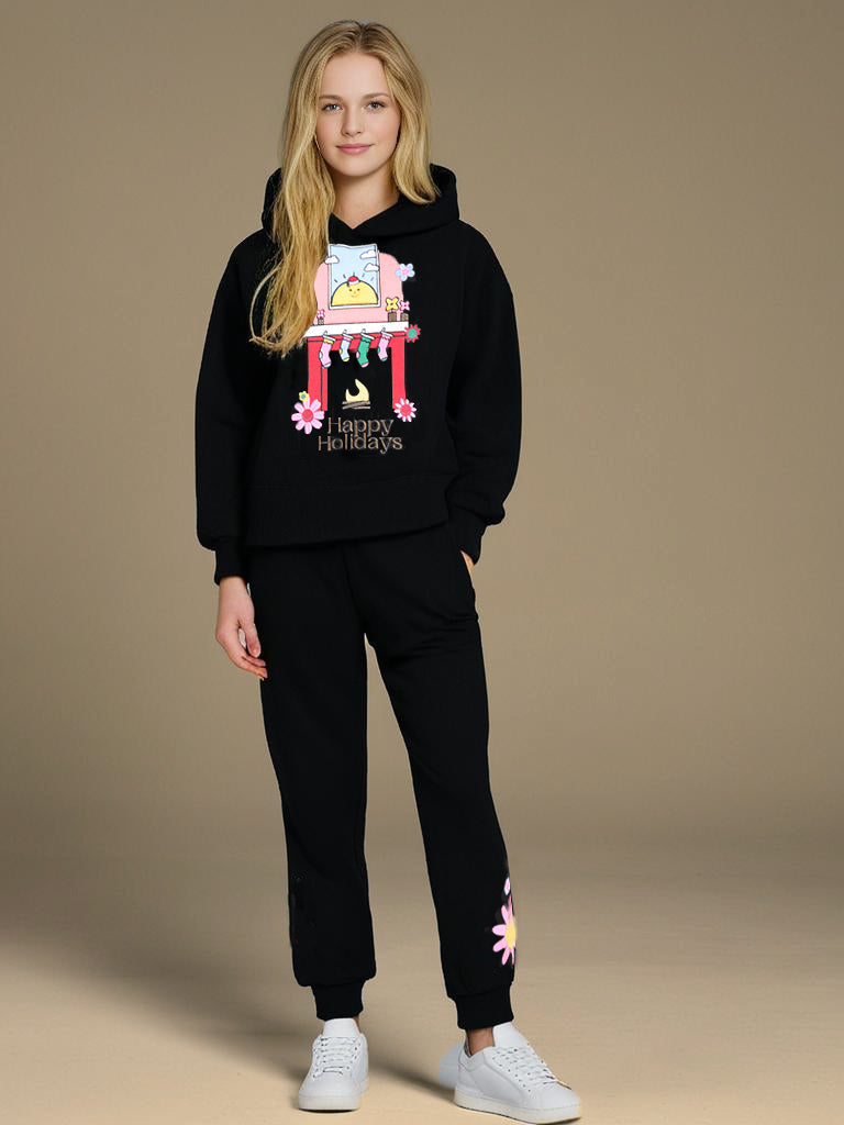Cherry Crumble Black Solid Applique Embroidered Cozy Sweatshirt Set