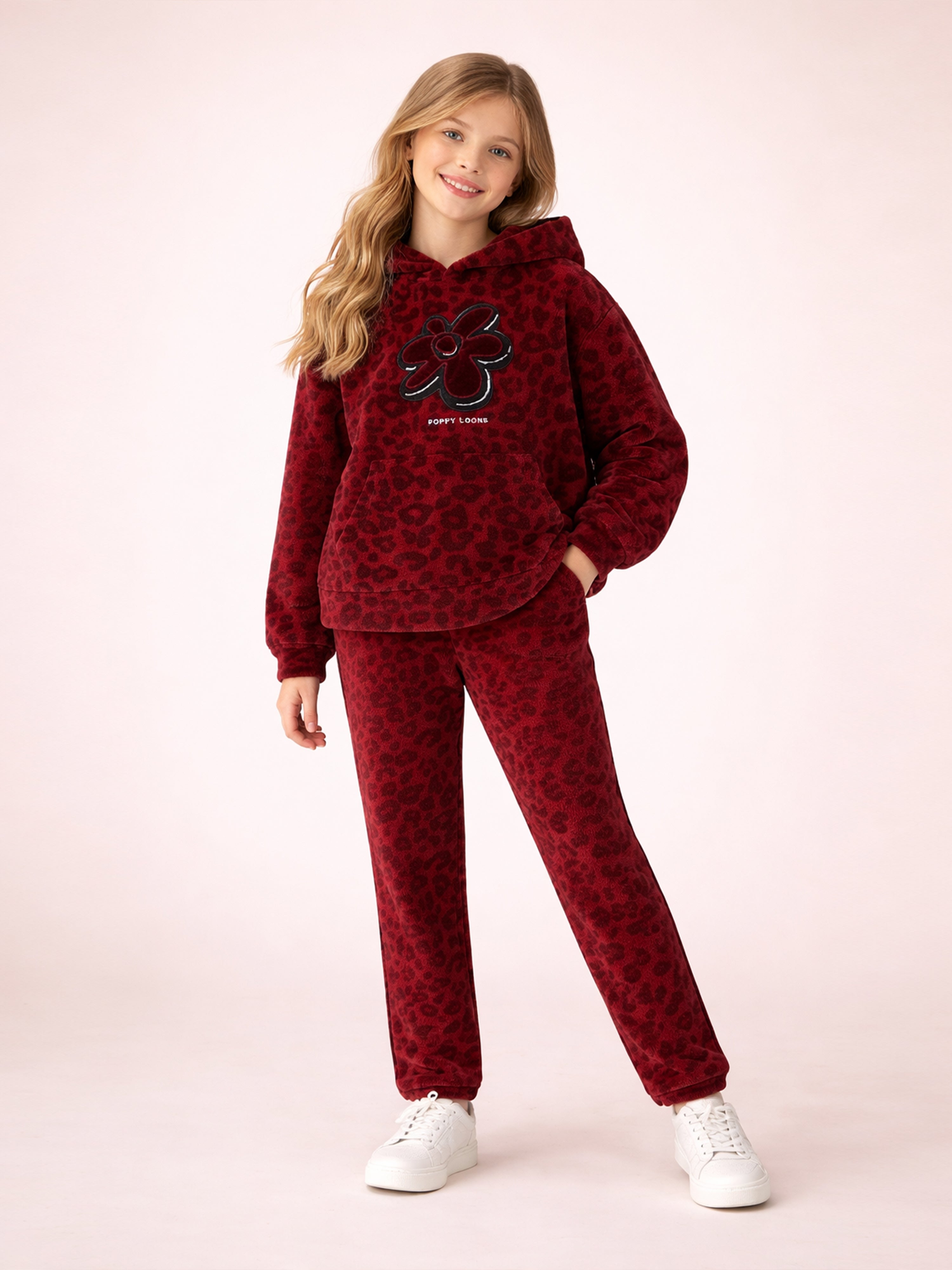 Maroon Charm Printed Fleece Hoodie Set