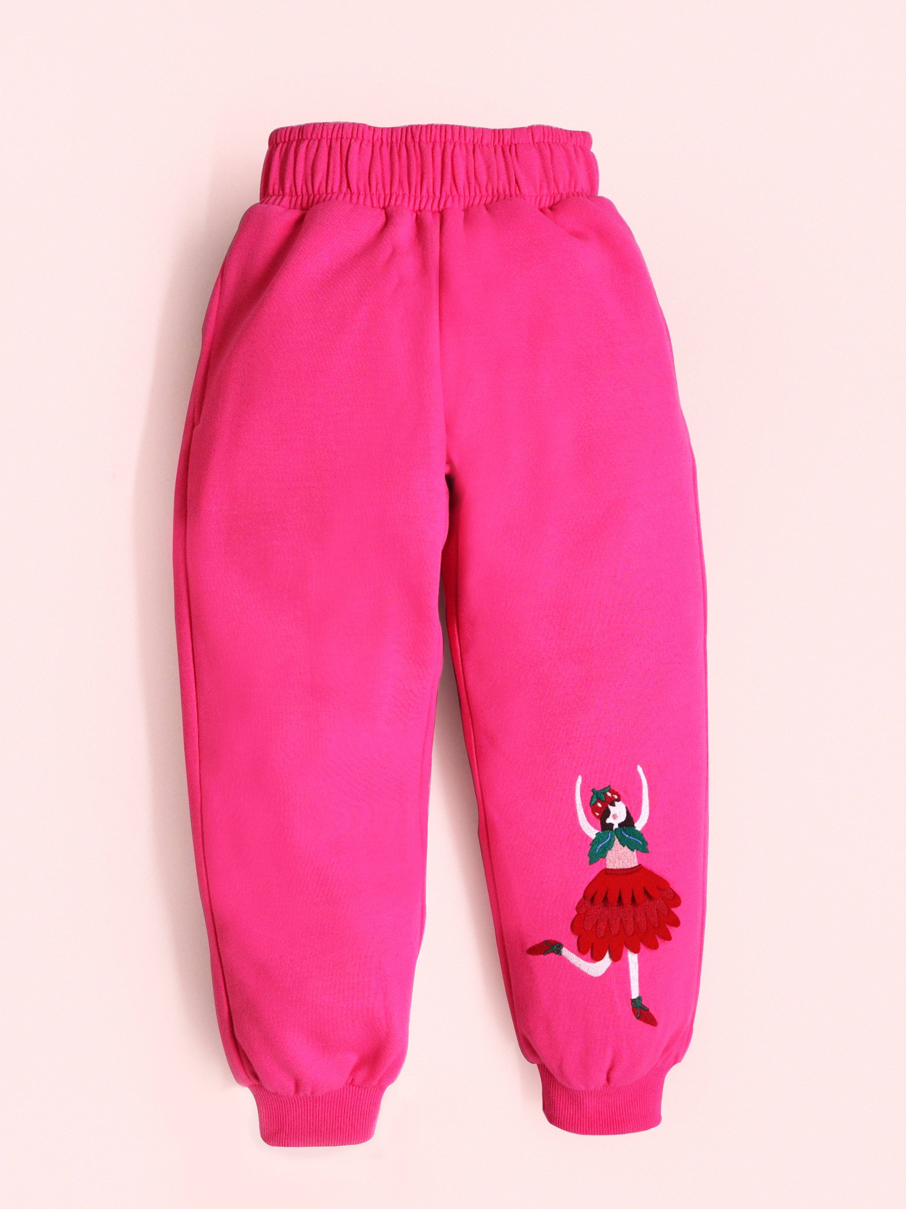 Cherry Crumble Pink Solid Applique Embroidered Sweet Classic Winter Sweatshirt Set