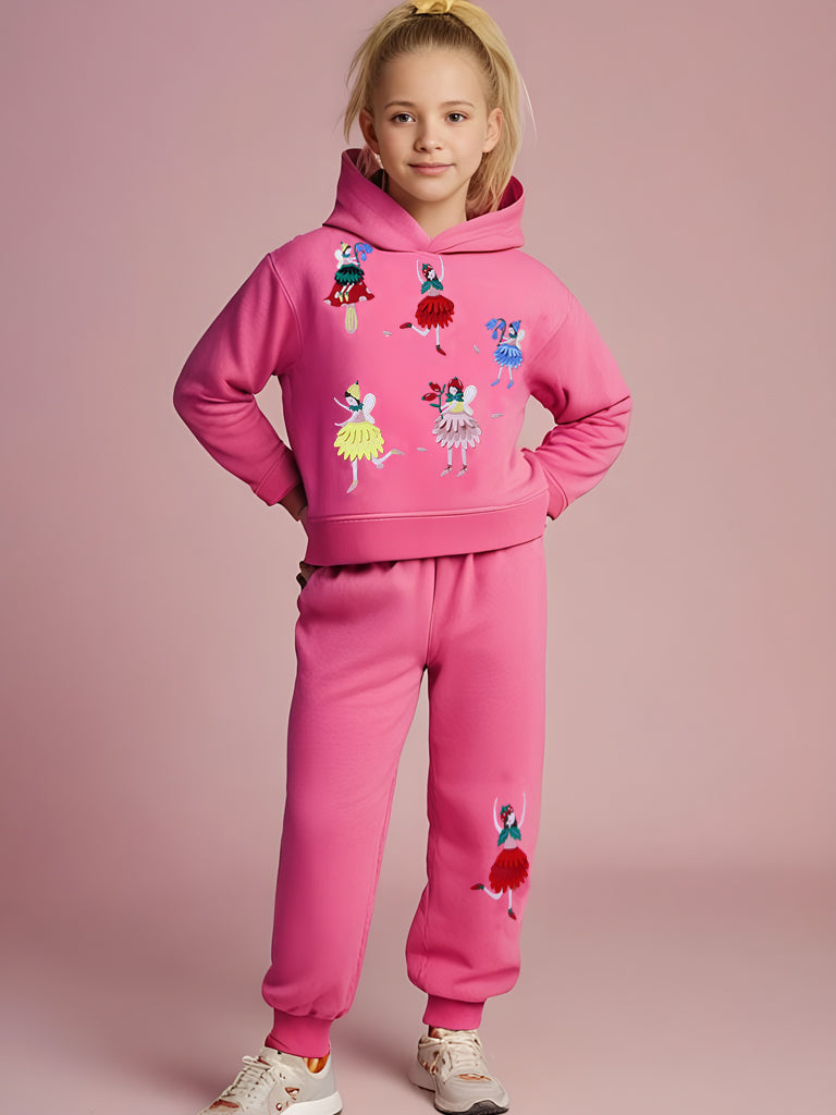 Cherry Crumble Pink Solid Applique Embroidered Sweet Classic Winter Sweatshirt Set