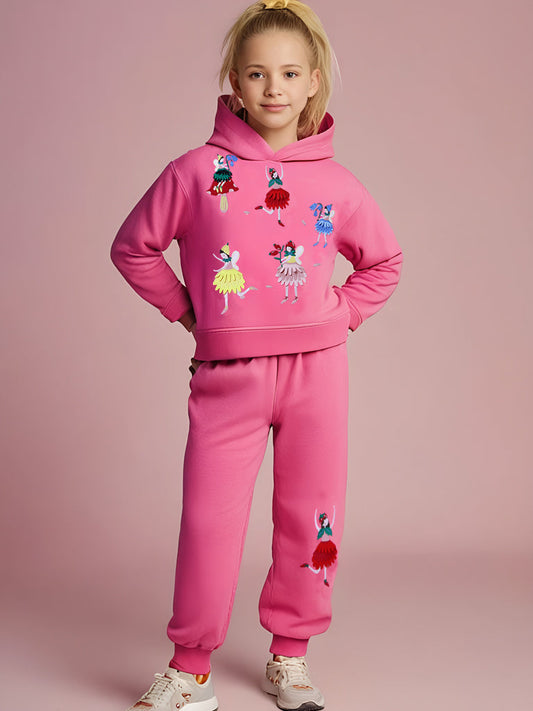 Cherry Crumble Pink Solid Applique Embroidered Sweet Classic Winter Sweatshirt Set