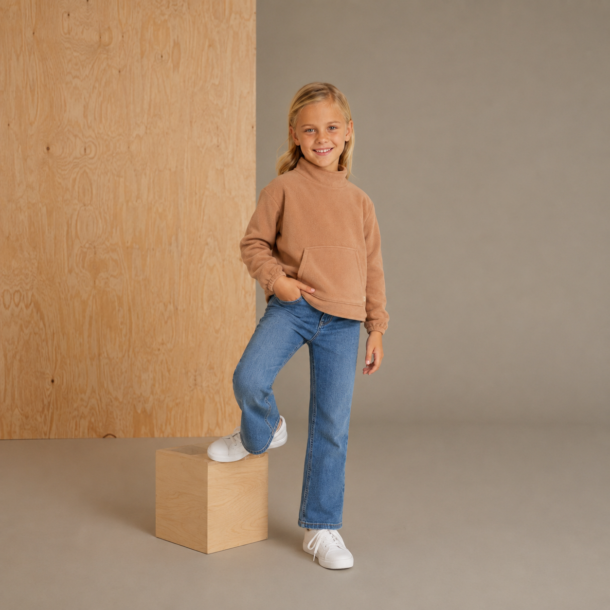Beige Solid Girls Sweatshirt