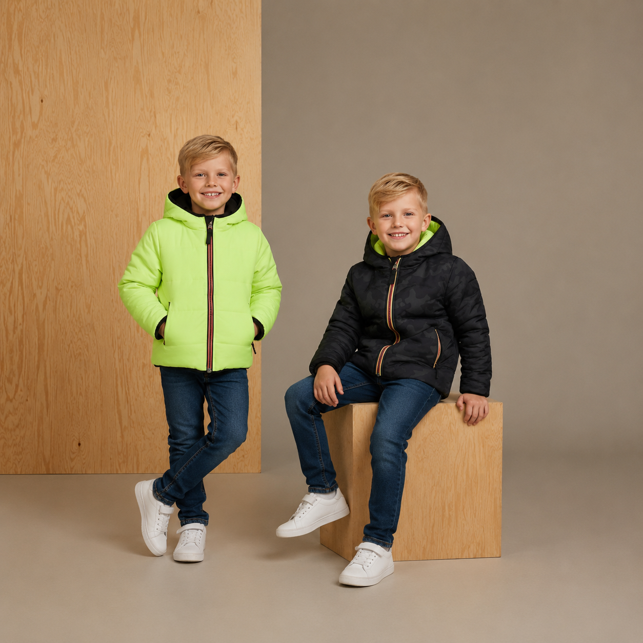 Unisex Neon Green & Black Reversible Hooded Puffer Jacket