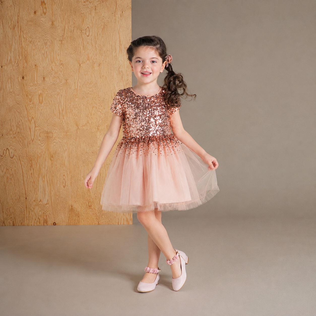 Salmon Sequined Sweet Stylish Partywear Dress