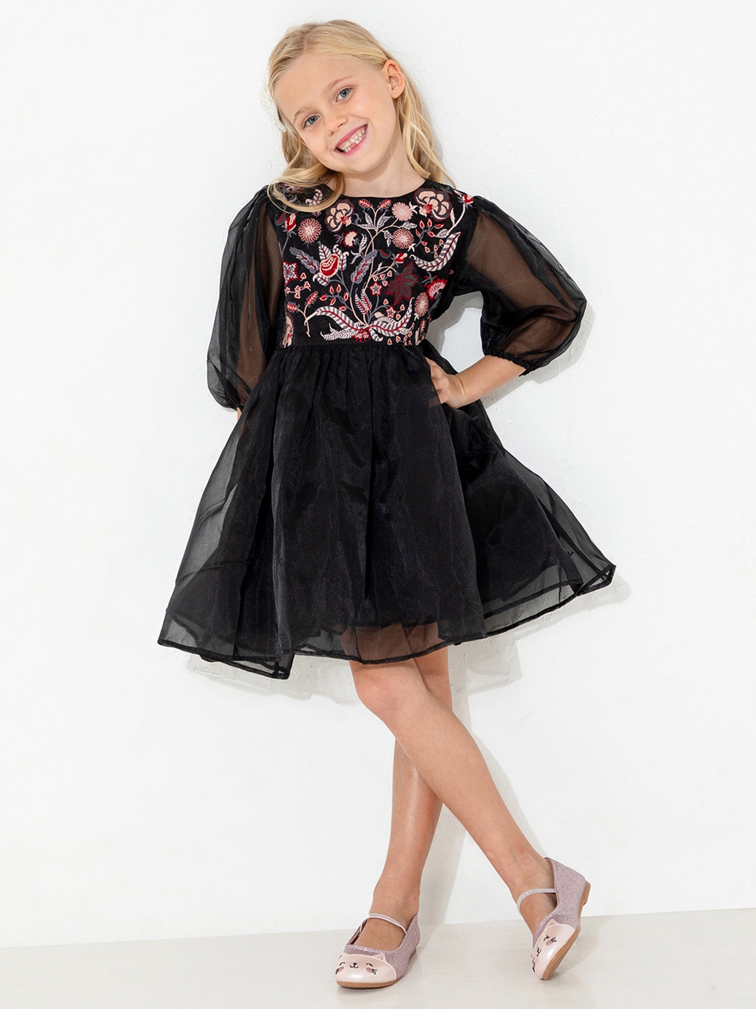 Cherry Crumble Black Embroidered Charming Classic Dress