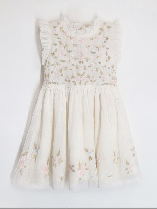 Cream Solid Embroidered Cozy Stylish Winter Dress