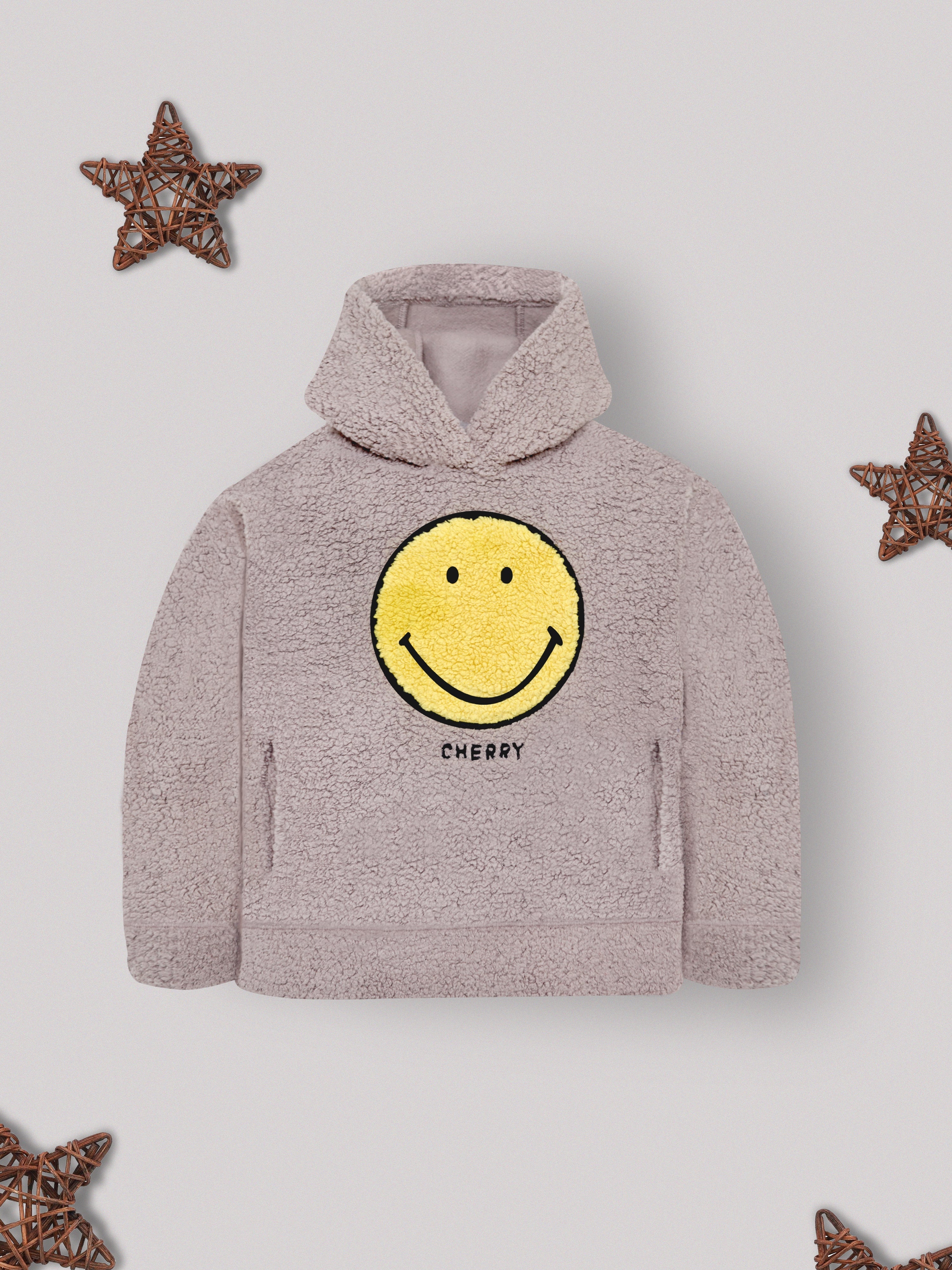 Cherry Crumble Beige Solid Applique Snug Stylish Hoodie