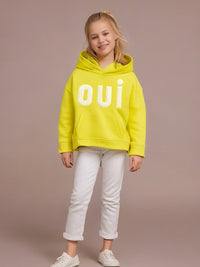 Hop around the playground in this yellow sweatshirt with your friends to have fun. With applique, the sweatshirt offers a more radiant look with the hood, cuffed full sleeves, and kangaroo pockets.
