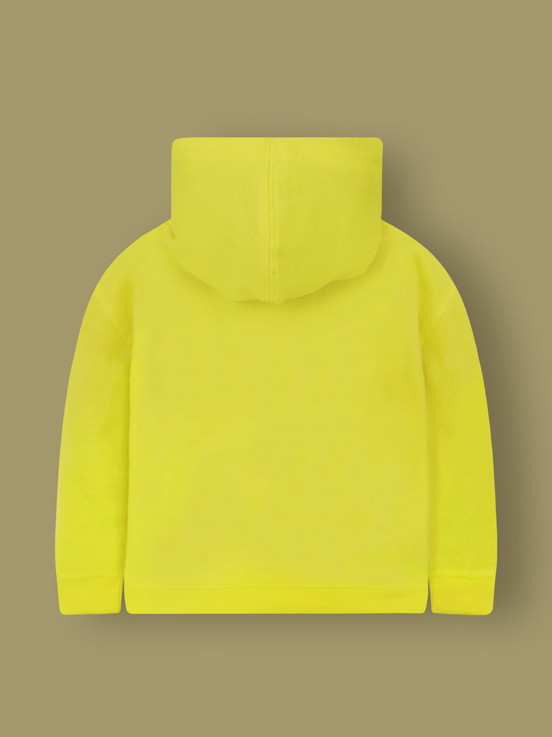 Hop around the playground in this yellow sweatshirt with your friends to have fun. With applique, the sweatshirt offers a more radiant look with the hood, cuffed full sleeves, and kangaroo pockets.