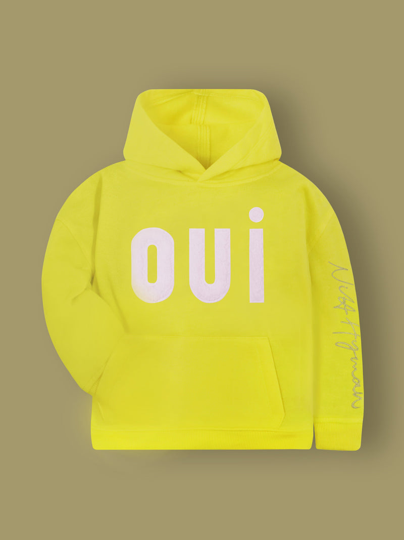 Hop around the playground in this yellow sweatshirt with your friends to have fun. With applique, the sweatshirt offers a more radiant look with the hood, cuffed full sleeves, and kangaroo pockets.