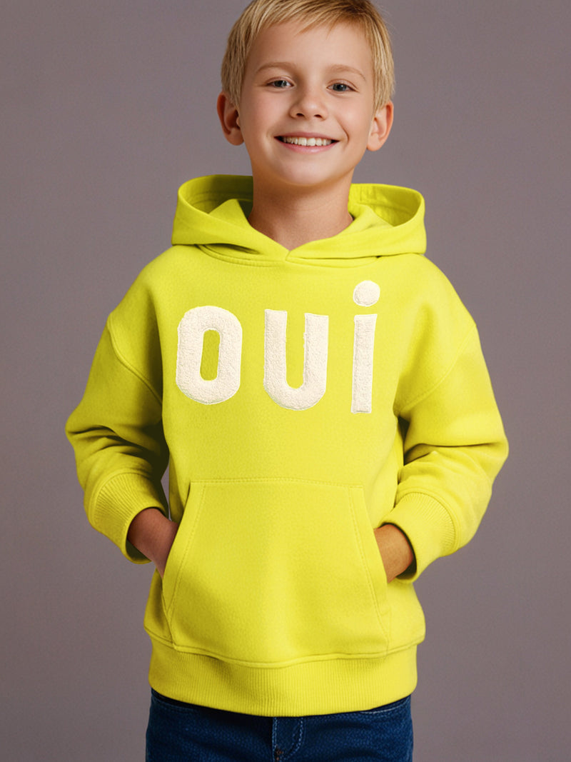 Hop around the playground in this yellow sweatshirt with your friends to have fun. With applique, the sweatshirt offers a more radiant look with the hood, cuffed full sleeves, and kangaroo pockets.