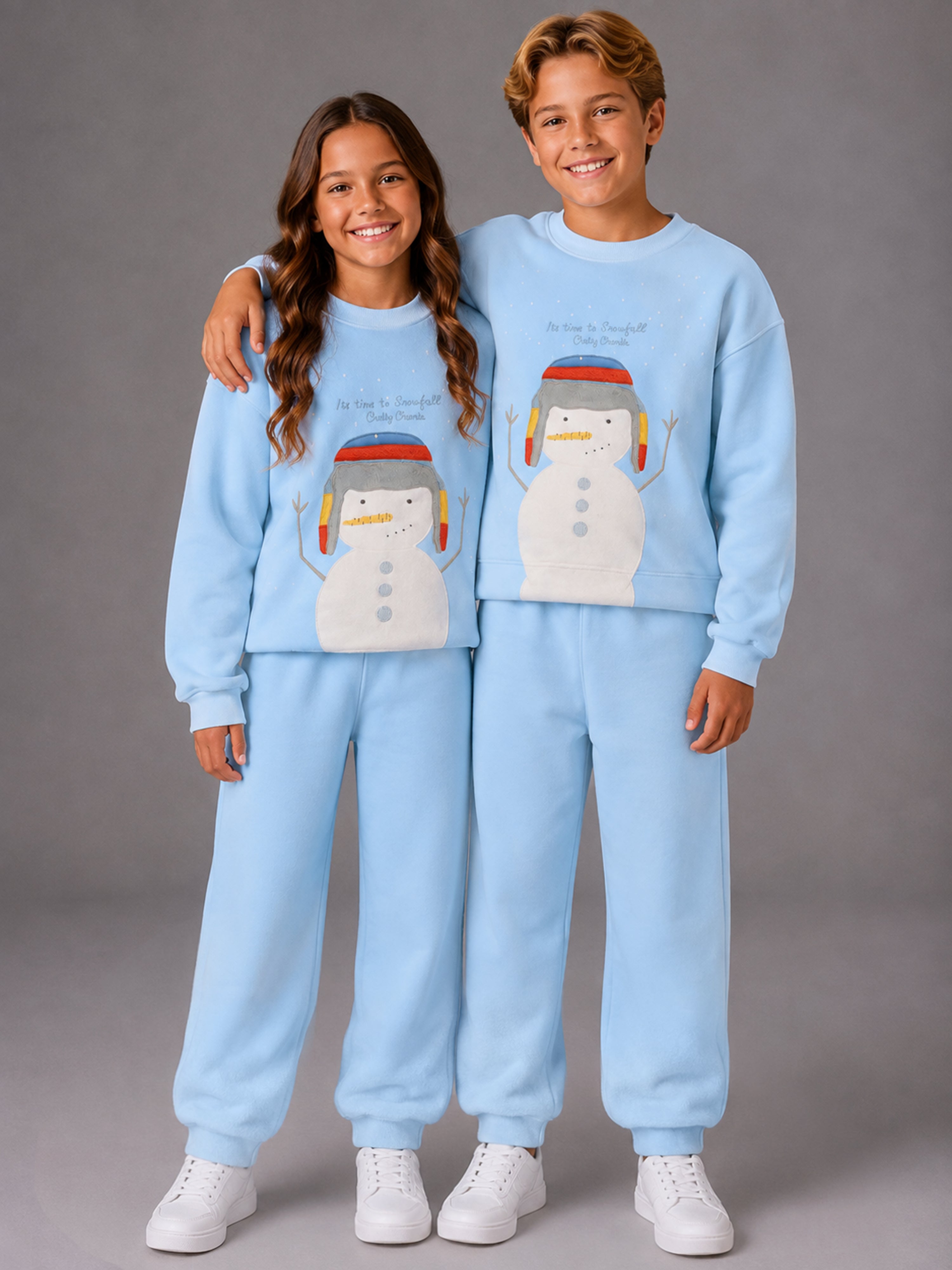 Unisex Kinder Mintfarbener Baumwoll-Schlafanzug – Frostiger Winterspaß-Set