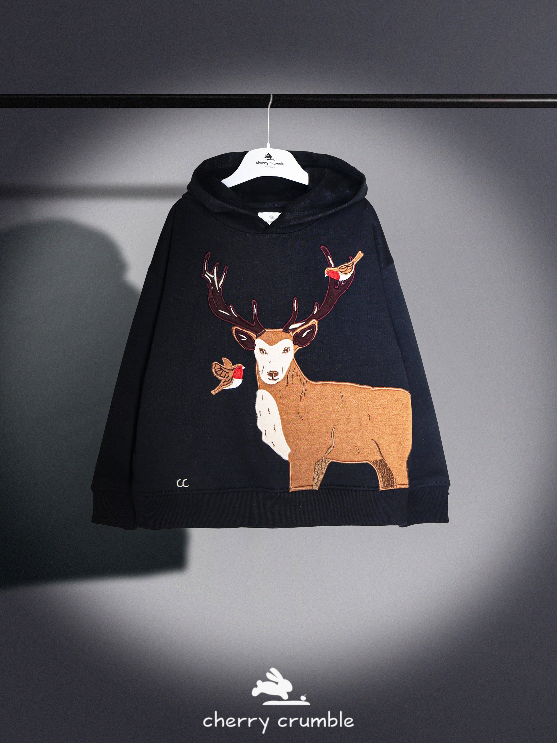 Cherry Crumble Black Solid Applique Embroidered Sweet Elegant Winter Sweatshirt