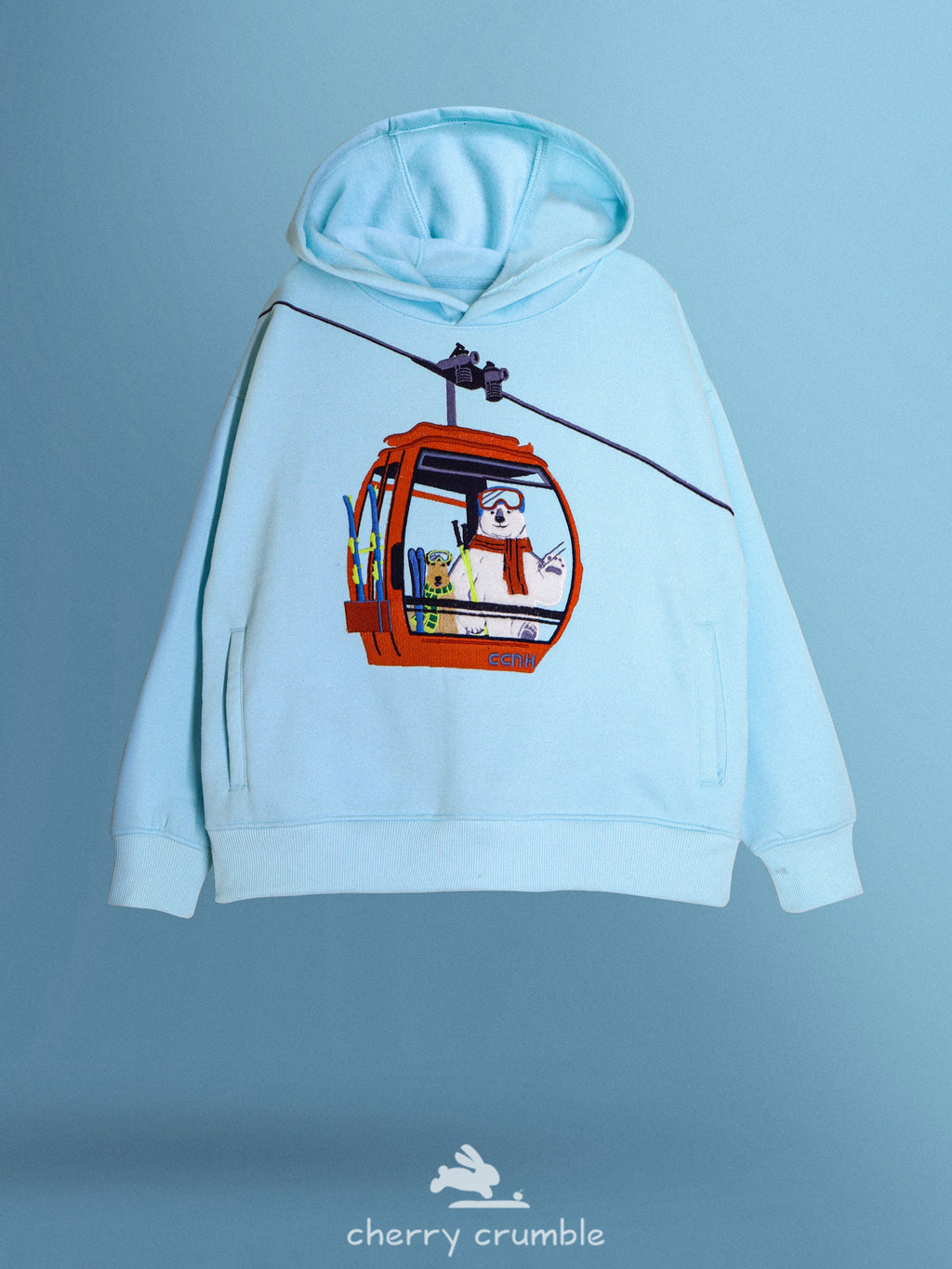 Cherry Crumble Sky Blue Solid Embroidered Cute Classic Sweatshirt