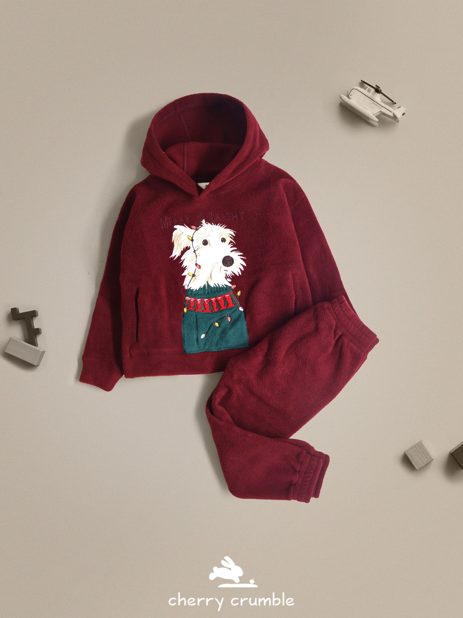 Cherry Crumble Solid Applique Embroidered Charming Classic Winter Sweatshirt Set
