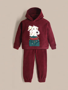 Cherry Crumble Wine Solid Polyester Full Sleeves Hooded Casual Wear Easy Fit Applique/Embroidered Winter Sweatshirt Set For Boys And Girls