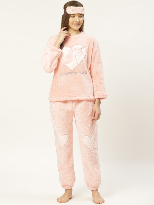 Women Peach Applique Cotton Blend Round Neck Nightsuit