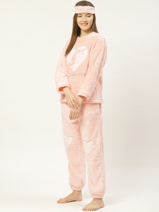 Women Peach Applique Cotton Blend Round Neck Nightsuit