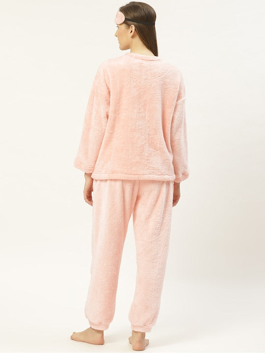Women Peach Applique Cotton Blend Round Neck Nightsuit
