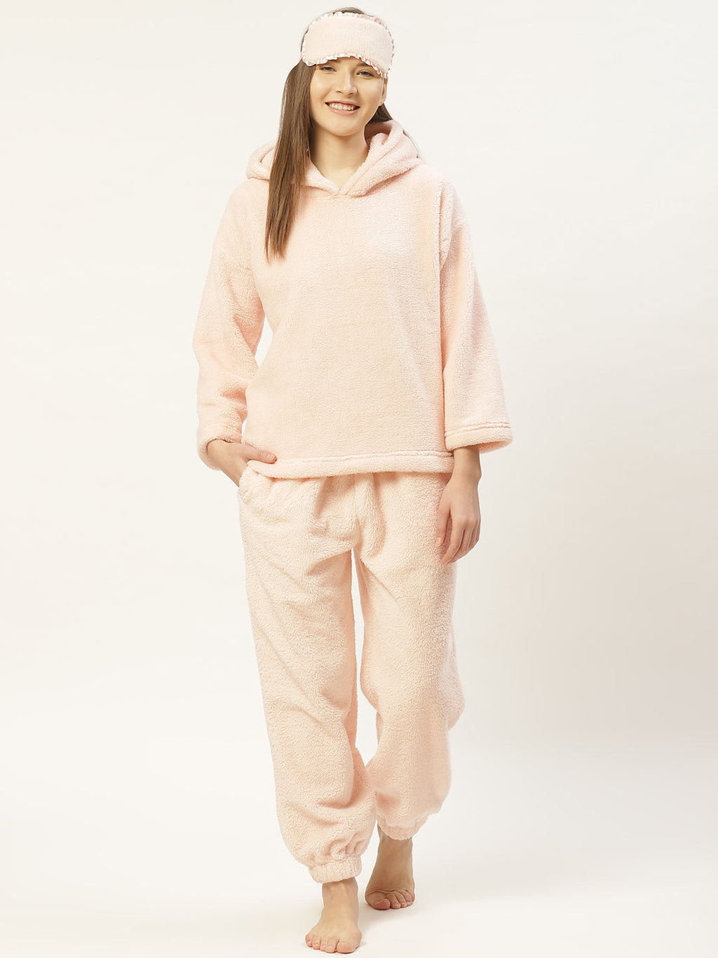 Women Peach Applique Polyester Hood Nightsuit