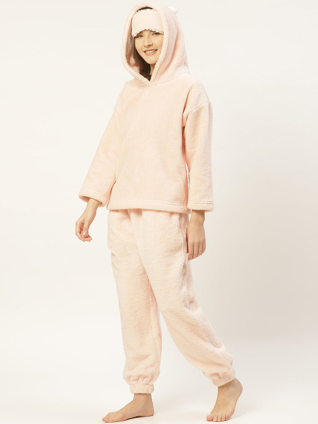 Women Peach Applique Polyester Hood Nightsuit