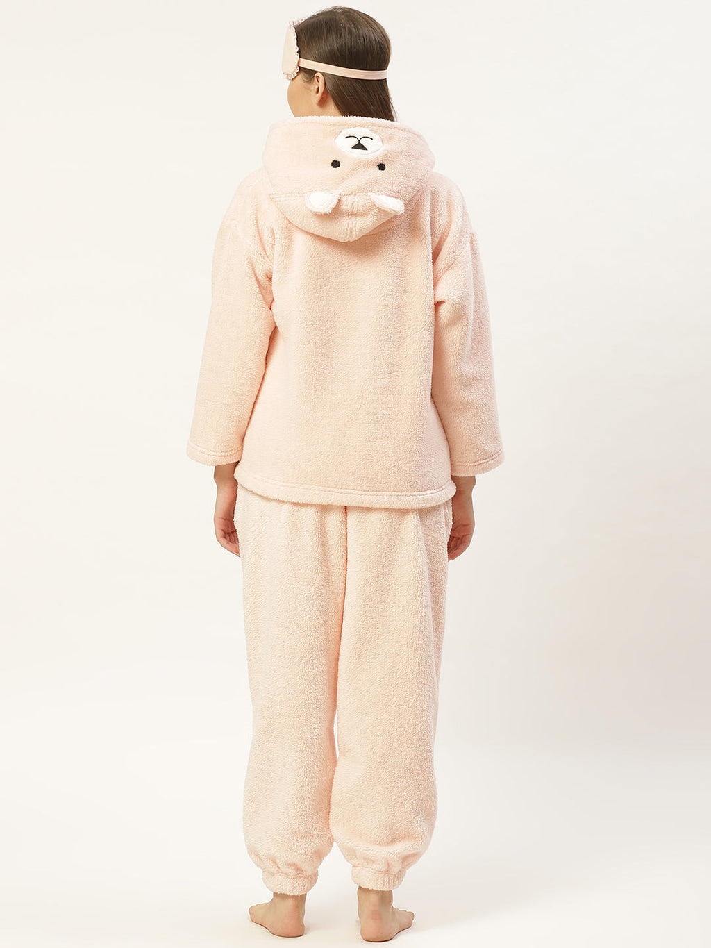 Women Peach Applique Polyester Hood Nightsuit