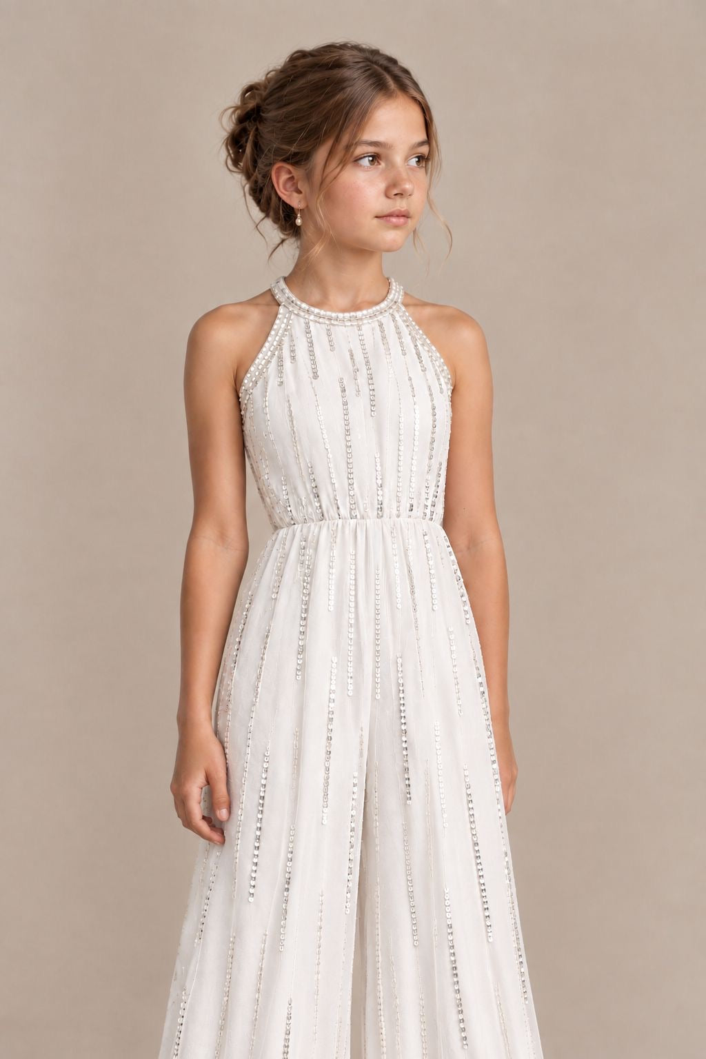 Girls White Sequin-Embellished Wide-Leg Party Jumpsuit