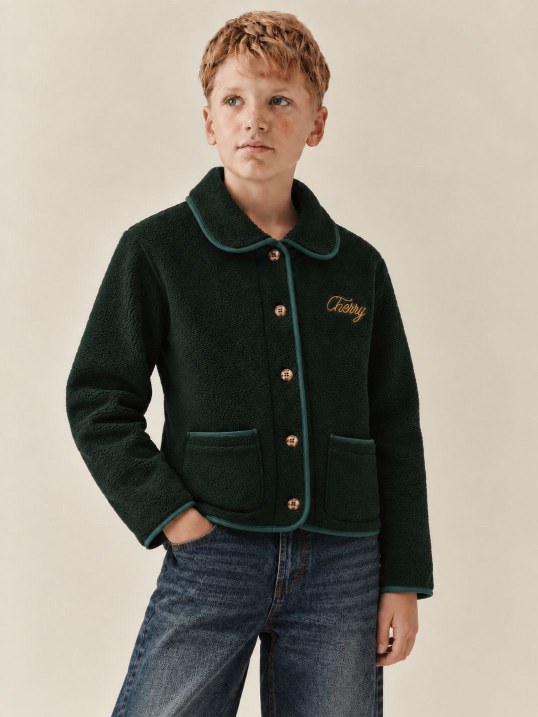Kids Unisex Forest Green Textured Winter Jacket