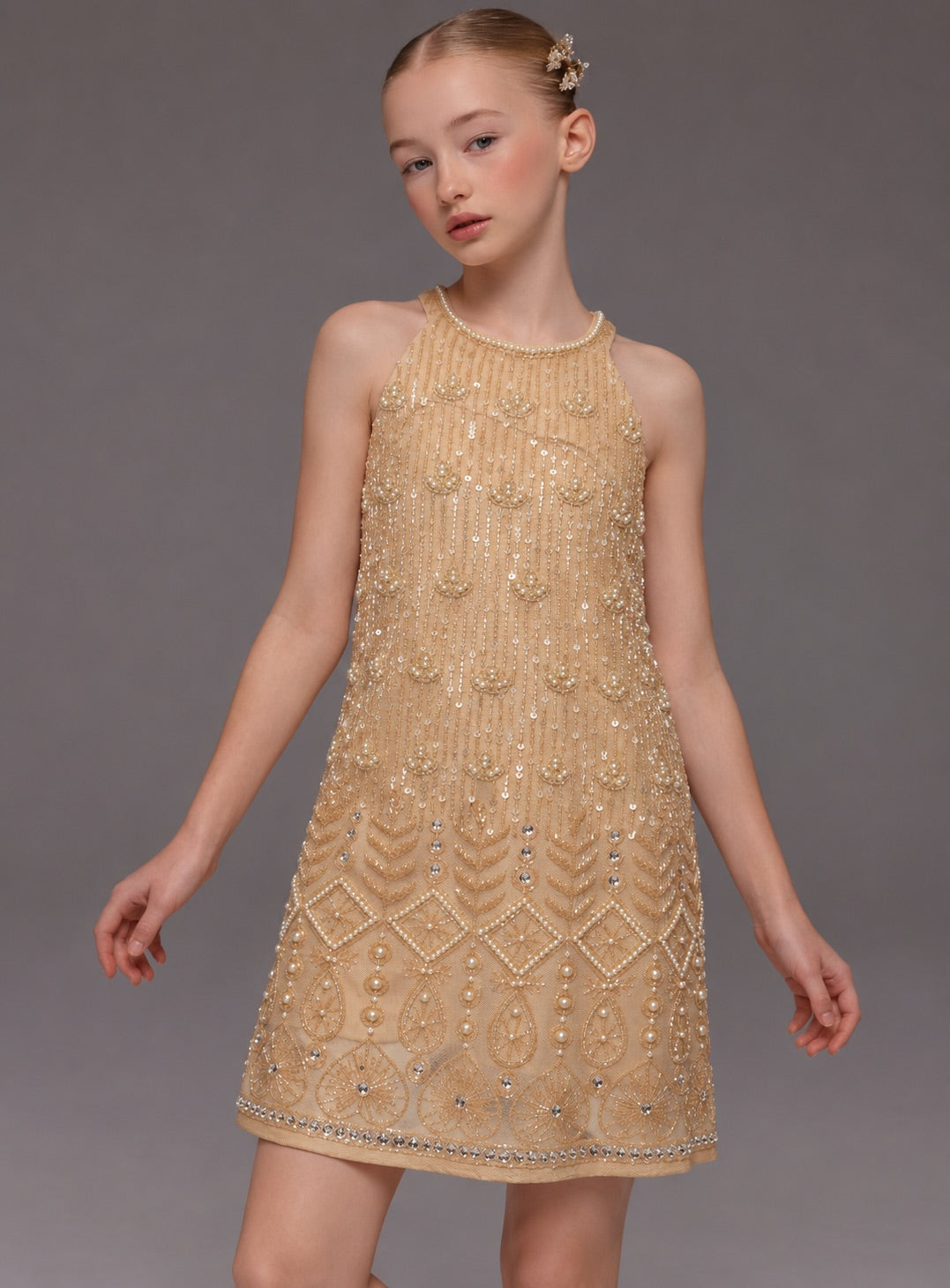 Girls Peach Hand-Embellished Pearl & Sequin Party Dress