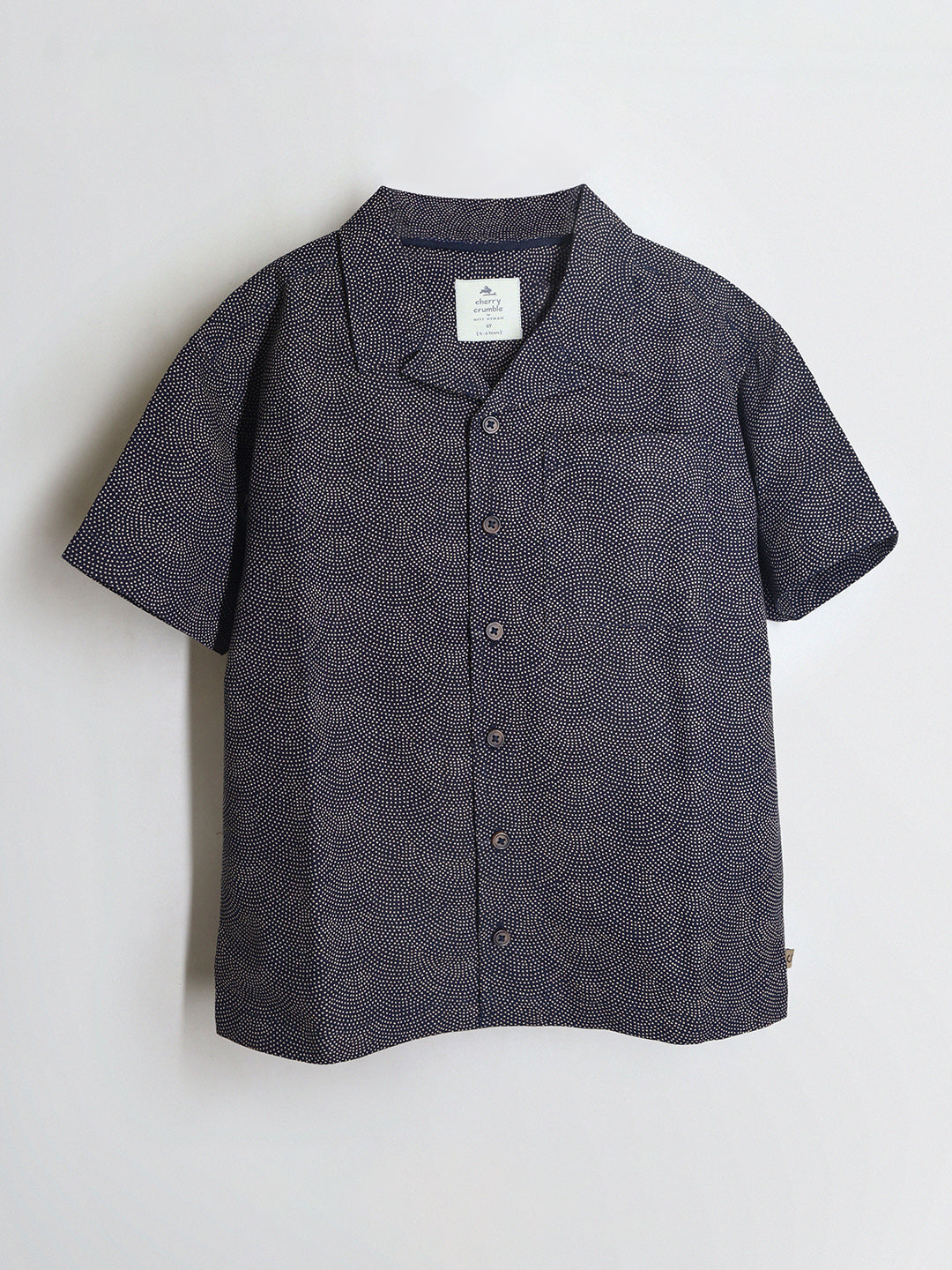 Navy & Beige Boys' Regular Length Polka Dots Camp Collar Shirt with Half Sleeves