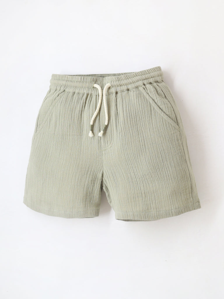 Smart Casual Cotton Olive Knee Length Elasticated with Pockets Shorts For Boys